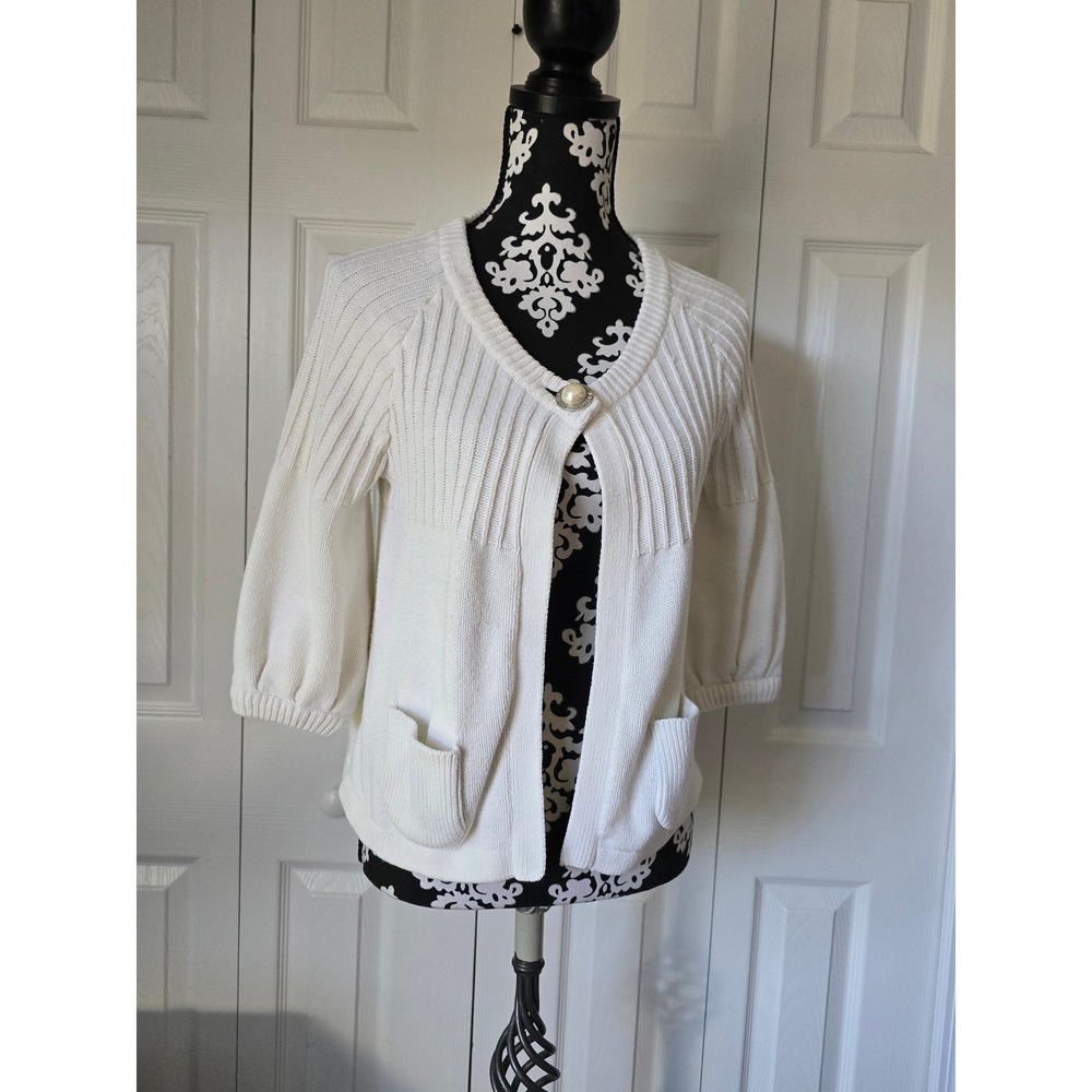 A.M.I. Cream White‎ Ribbed Open Front Cardigan Puff 3/4 Sleeve Pocket Sweater M